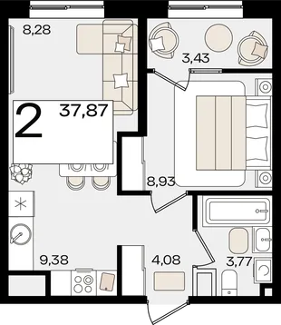 Планировка 2-комн. квартира, 37.87 м² ЖК «Патрики»