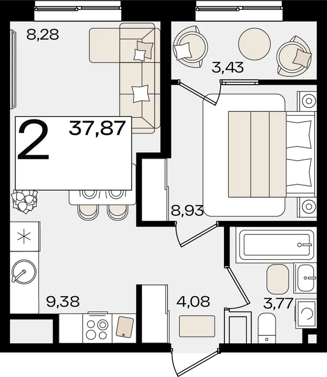 Планировка 2-комн. квартира, 37.87 м² ЖК «Патрики»