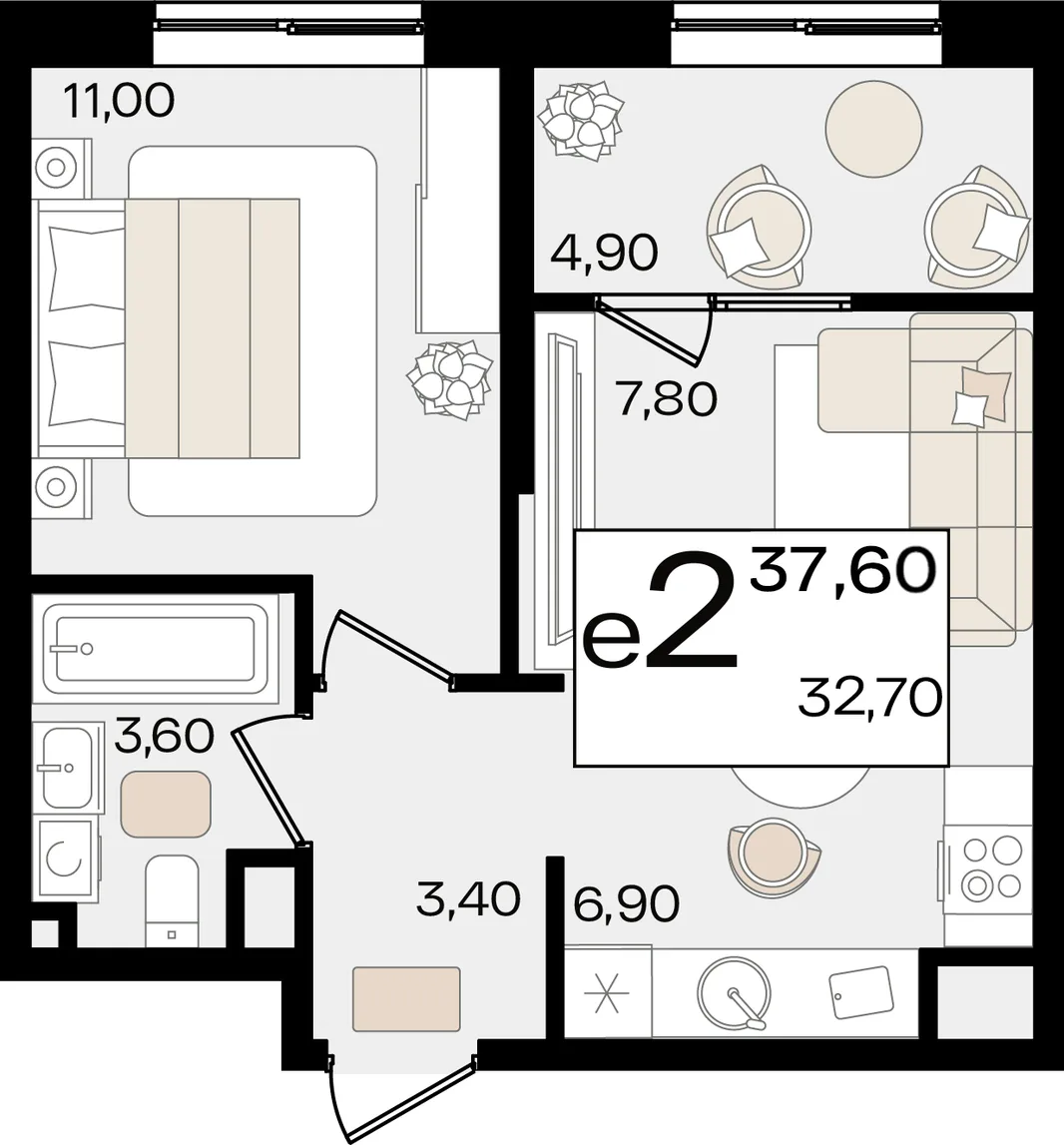 Планировка 2-комн. квартира, 37.6 м² ЖК «Патрики»