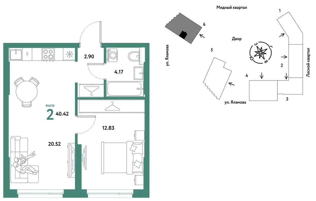Планировка 2-комн. квартира, 40.42 м² ЖК «Сибирский сад»