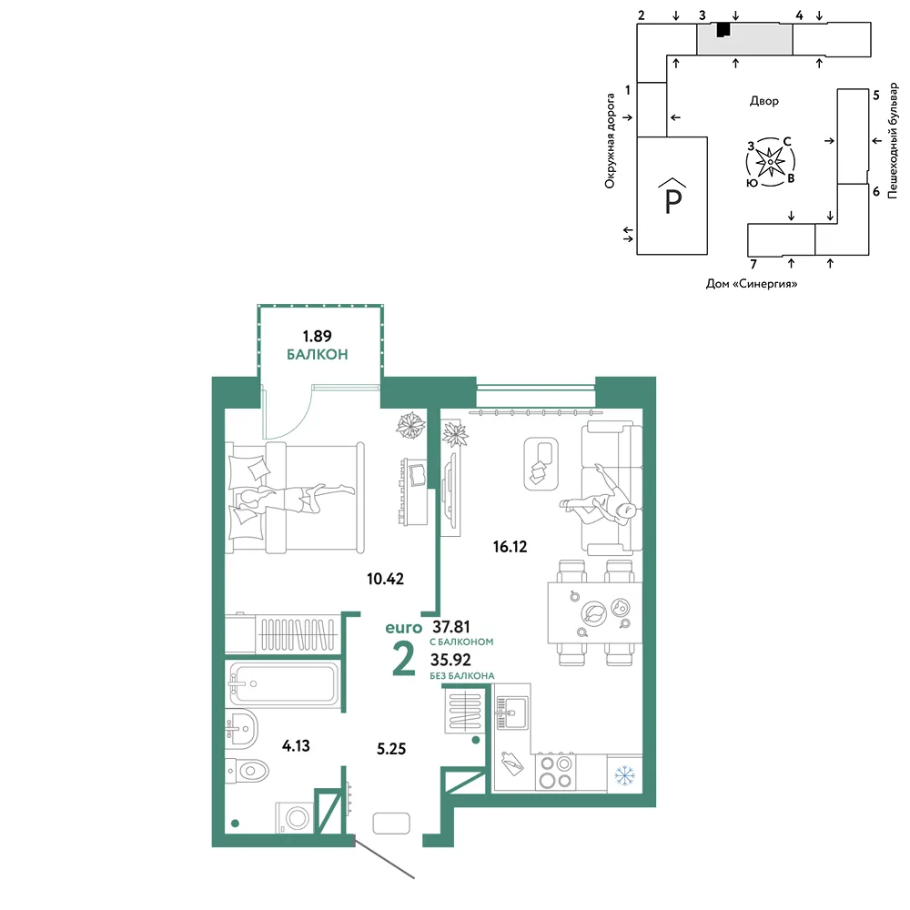 Планировка 2-комн. квартира, 37.81 м² ЖК «Юнион»