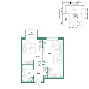 Планировка 2-комн. квартира, 37.81 м² ЖК «Юнион»