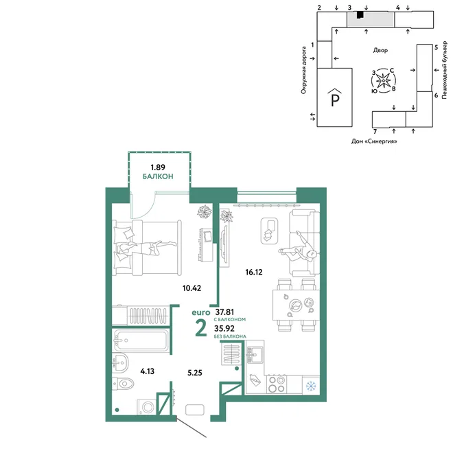 Планировка 2-комн. квартира, 37.81 м² ЖК «Юнион» Планировка 2-комн. квартира, 37.81 м² ЖК «Юнион»