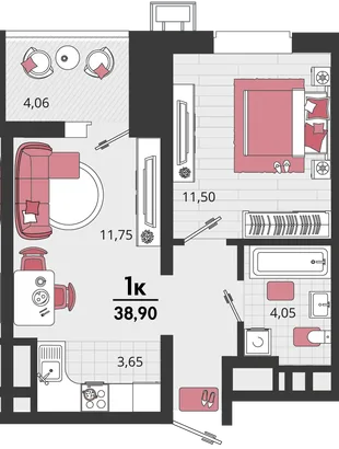 Планировка 2-комн. квартира, 38.9 м² ЖК «Родные просторы»