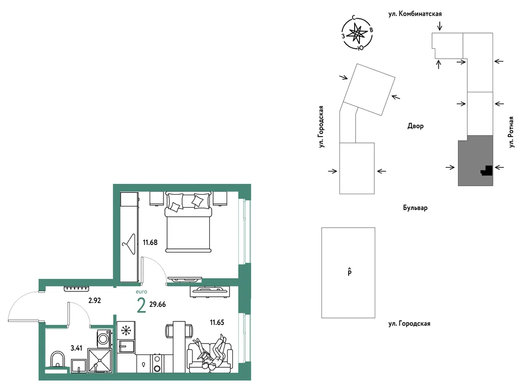 Планировка 2-комн. квартира, 29.66 м² ЖК «Уральский сад»