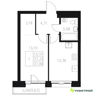 Планировка 1-комн. квартира, 37.96 м² ЖК «Statum»