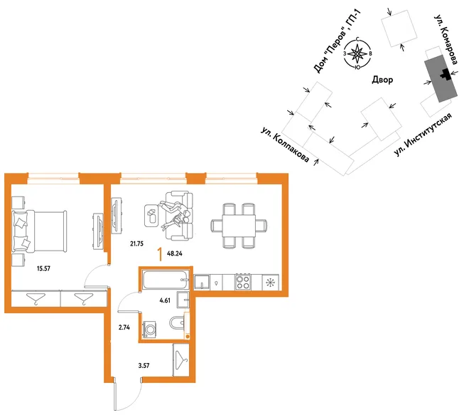 Планировка 1-комн. квартира, 48.24 м² ЖК «Страна.Парковая» Планировка 1-комн. квартира, 48.24 м² ЖК «Страна.Парковая»