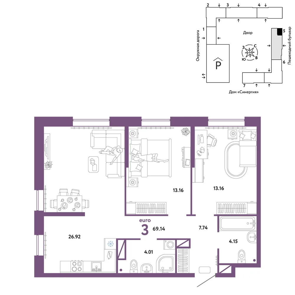 Планировка 3-комн. квартира, 69.14 м² ЖК «Юнион»