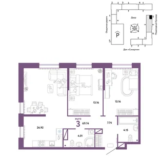 Планировка 3-комн. квартира, 69.14 м² ЖК «Юнион»