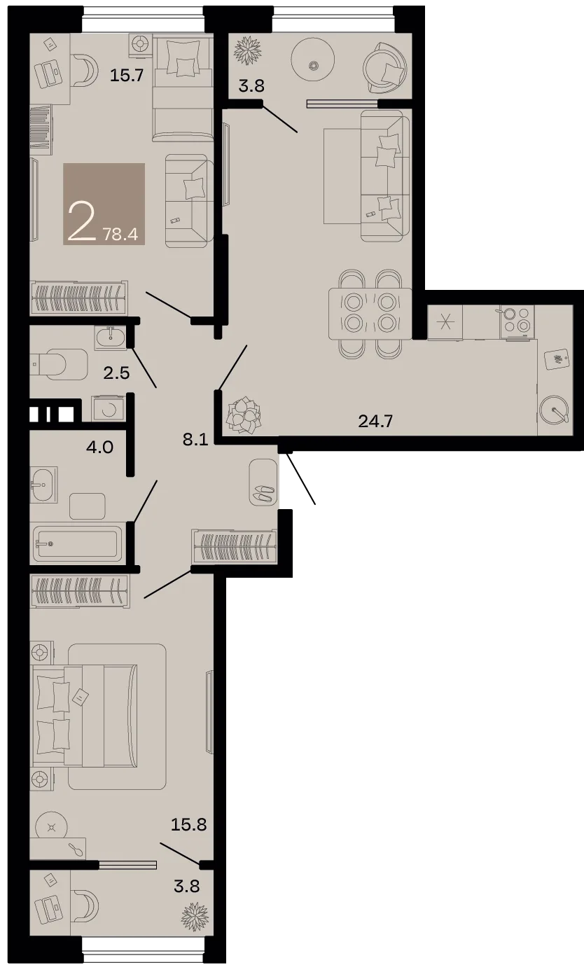 Планировка 2-комн. квартира, 78.4 м² ЖК «Хозяин морей»