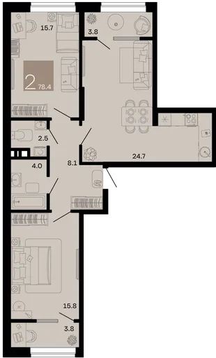 Планировка 2-комн. квартира, 78.4 м² ЖК «Хозяин морей»