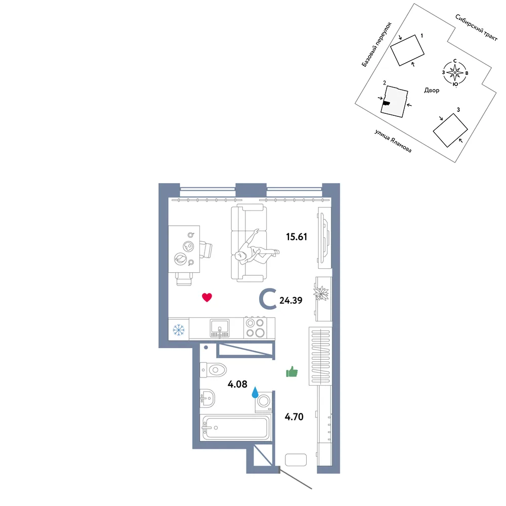 Планировка Студия, 24.39 м² ЖК «Сибирский сад»
