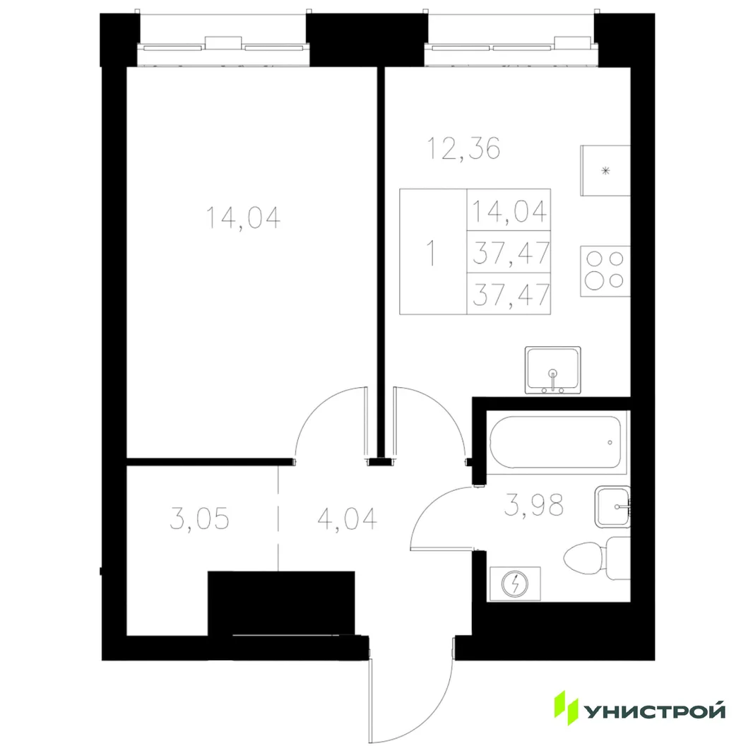 Планировка 1-комн. квартира, 37.47 м² ЖК «Statum»
