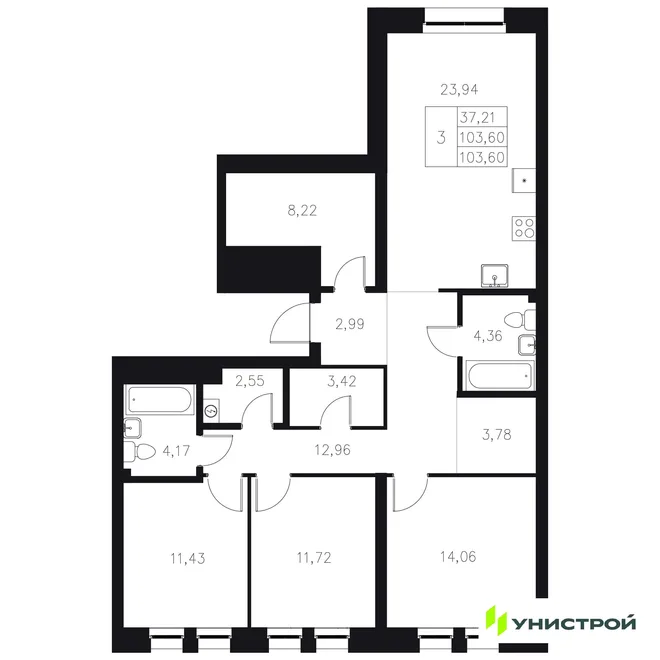 Планировка 3-комн. квартира, 103.6 м² ЖК «Statum»