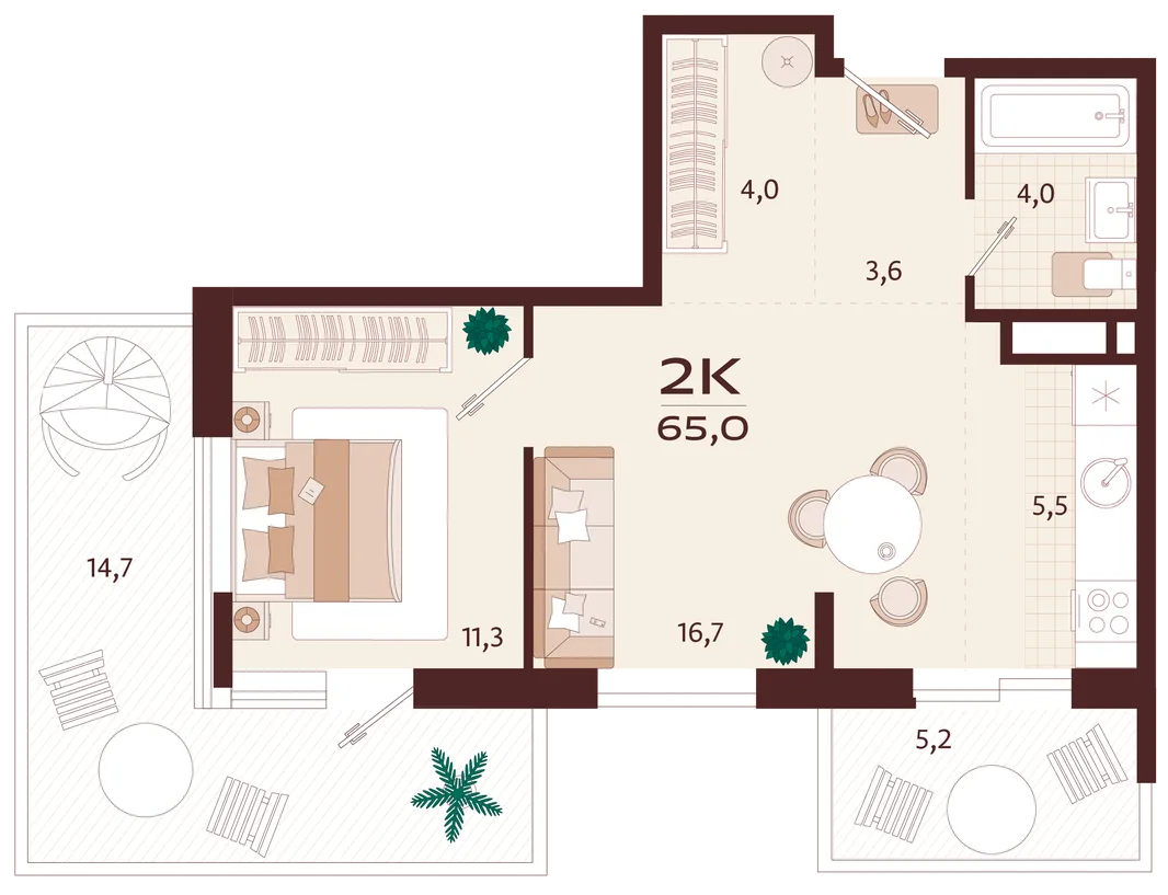 Планировка 2-комн. квартира, 65 м² ЖК «Роялта»