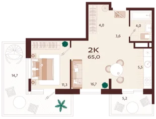 Планировка 2-комн. квартира, 65 м² ЖК «Роялта»
