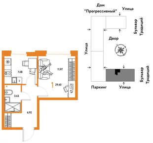 Планировка 1-комн. квартира, 29.4 м² ЖК «Микрорайон Домашний»
