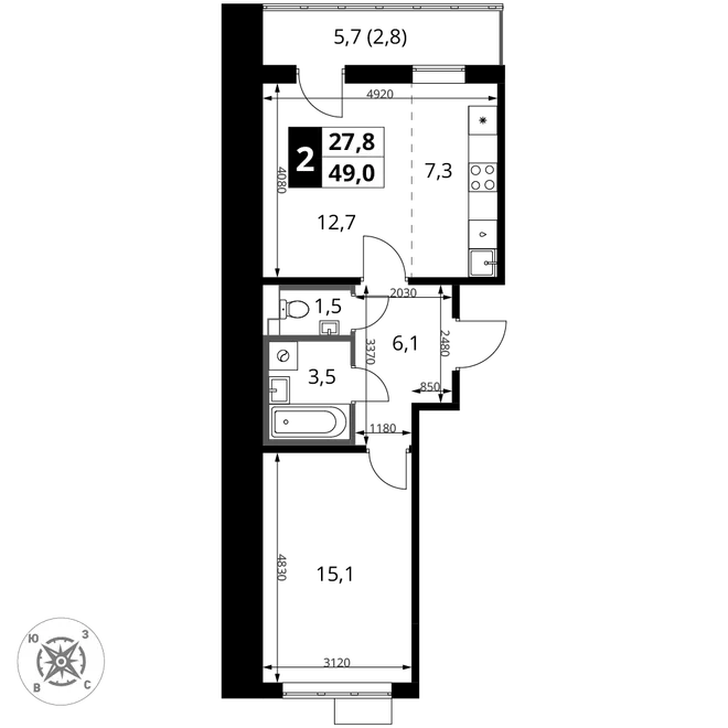 Планировка 2-комн. квартира, 49 м² ЖК «1-й Шереметьевский» Планировка 2-комн. квартира, 49 м² ЖК «1-й Шереметьевский»
