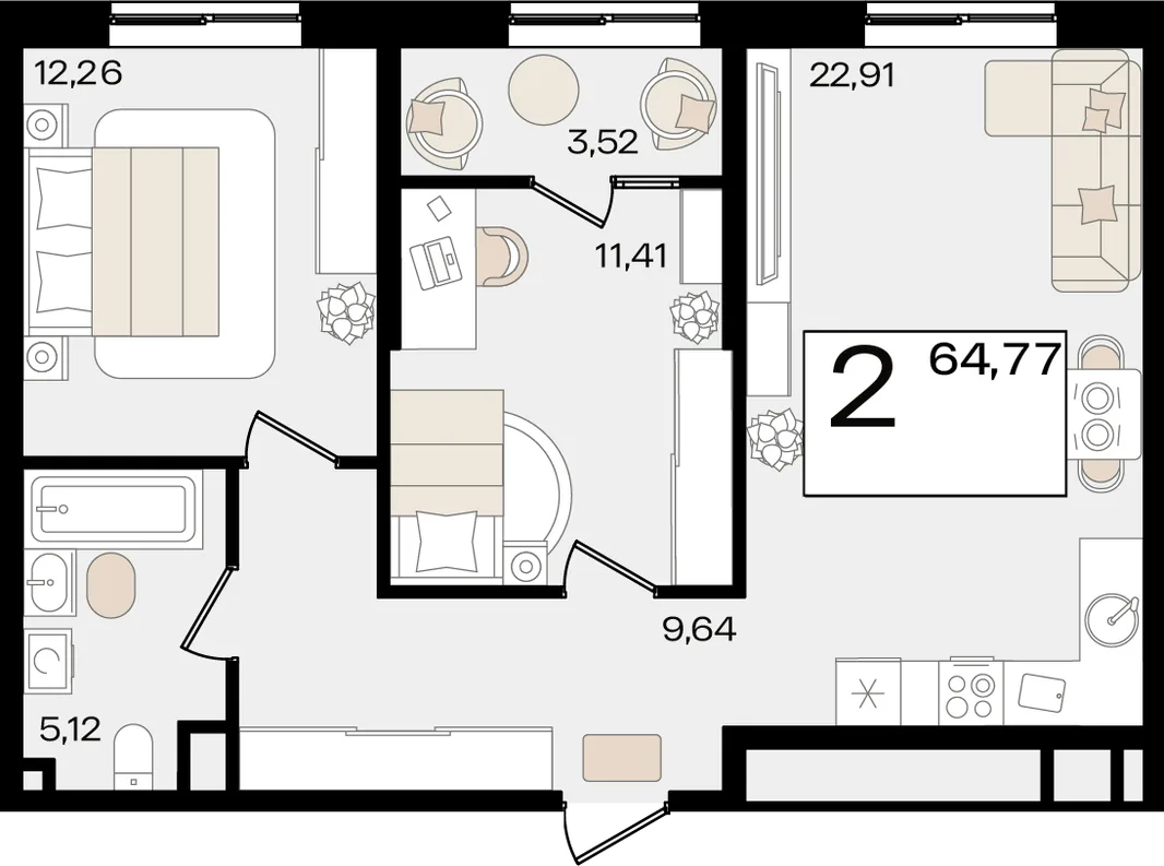 Планировка 2-комн. квартира, 64.77 м² ЖК «Патрики»
