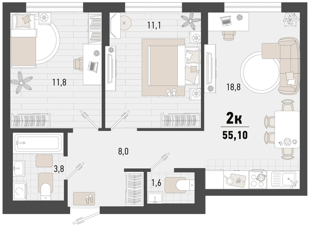 Планировка 2-комн. квартира, 55.1 м² ЖК «Барса»