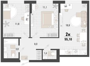 Планировка 2-комн. квартира, 55.1 м² ЖК «Барса»