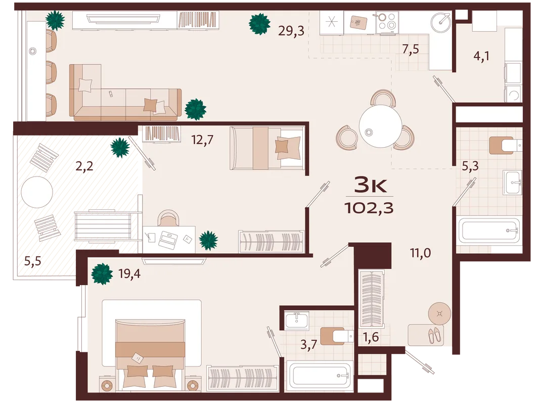 Планировка 3-комн. квартира, 102.3 м² ЖК «Роялта»