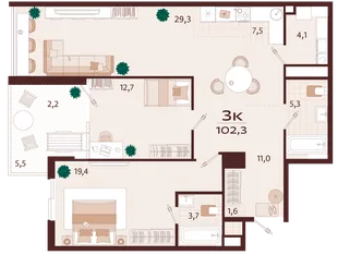 Планировка 3-комн. квартира, 102.3 м² ЖК «Роялта»