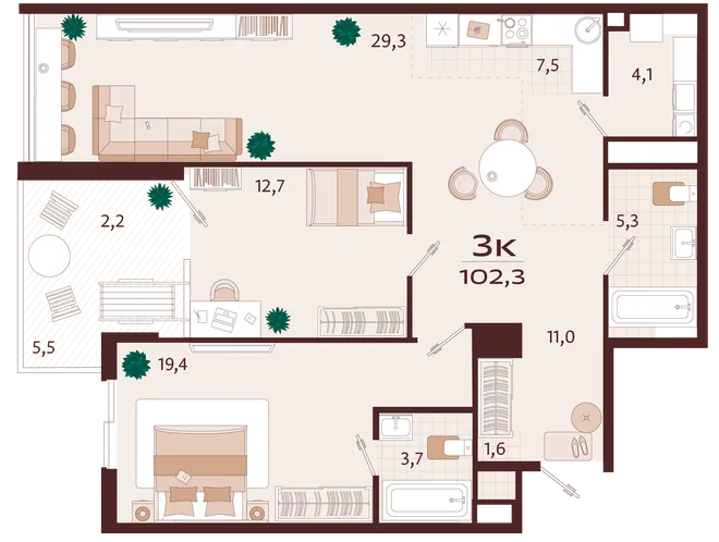 Планировка 3-комн. квартира, 102.3 м² ЖК «Роялта» Планировка 3-комн. квартира, 102.3 м² ЖК «Роялта»