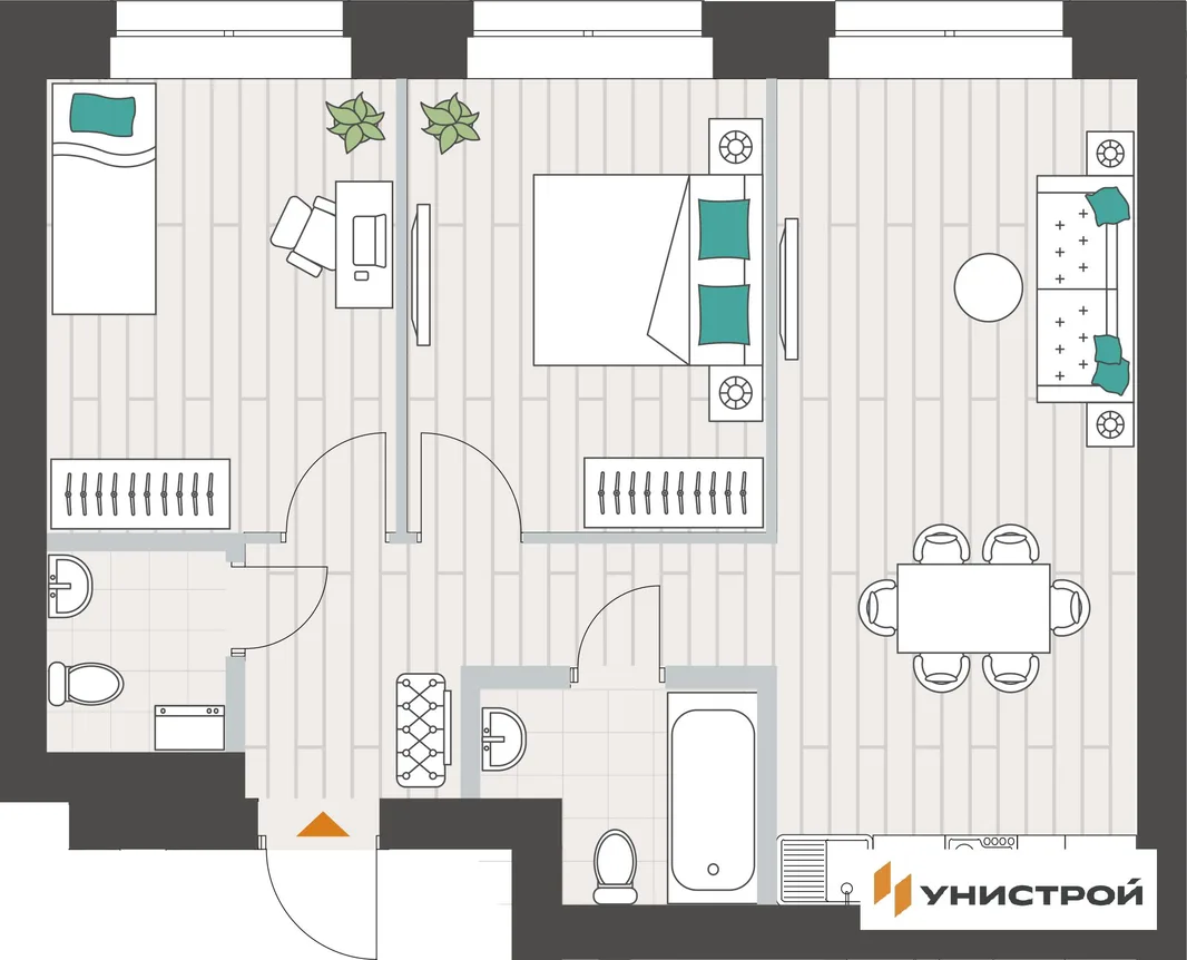 Планировка 2-комн. квартира, 55.85 м² ЖК «Аквамарин»