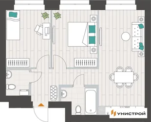 Планировка 2-комн. квартира, 55.85 м² ЖК «Аквамарин»