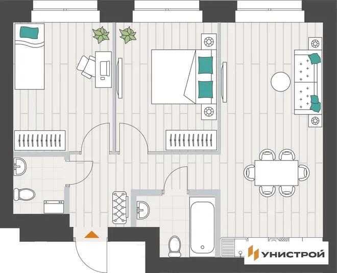 Планировка 2-комн. квартира, 55.85 м² ЖК «Аквамарин» Планировка 2-комн. квартира, 55.85 м² ЖК «Аквамарин»
