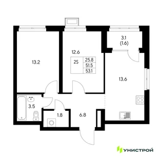 Планировка 2-комн. квартира, 53.1 м² ЖК «Стадиум»
