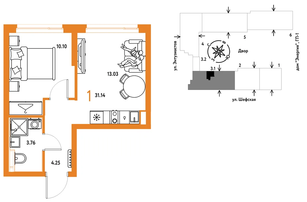 Планировка 1-комн. квартира, 31.14 м² ЖК «Страна.Энтузиастов»