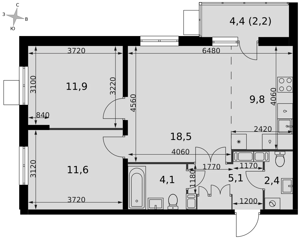 Планировка 3-комн. квартира, 65.6 м² ЖК «Олимп»