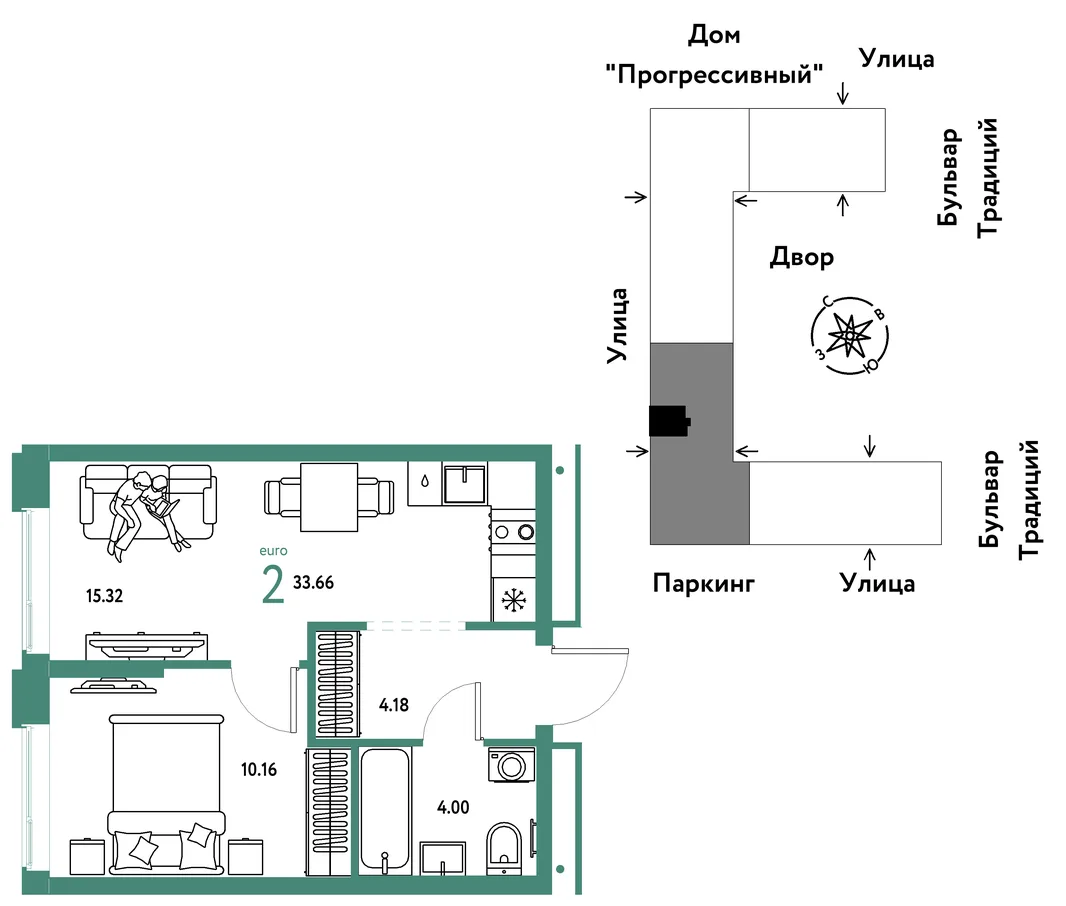 Планировка 2-комн. квартира, 33.66 м² ЖК «Микрорайон Домашний»