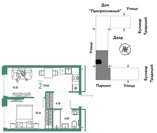 Планировка 2-комн. квартира, 33.66 м² ЖК «Микрорайон Домашний»