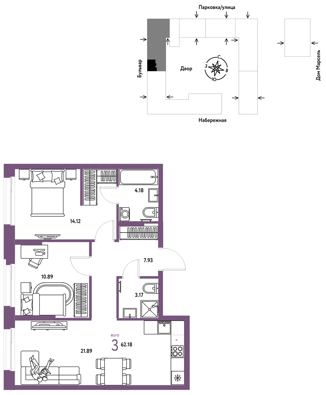 Планировка 3-комн. квартира, 62.18 м² ЖК «Европейский берег 2.0»