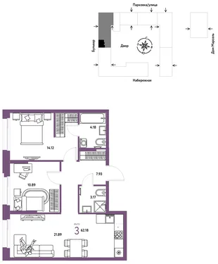 Планировка 3-комн. квартира, 62.18 м² ЖК «Европейский берег 2.0»