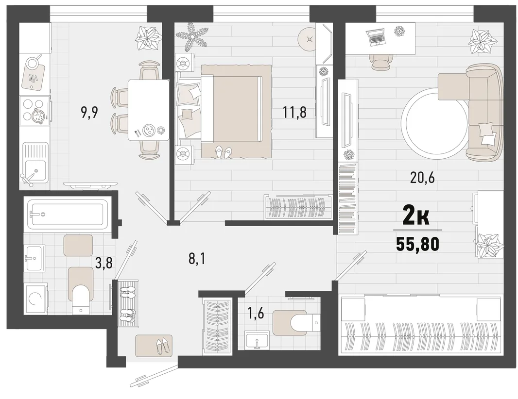 Планировка 2-комн. квартира, 55.8 м² ЖК «Барса»