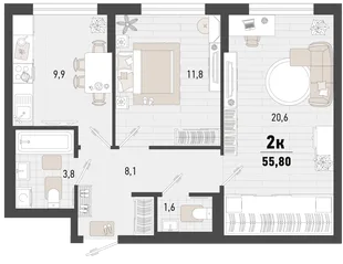 Планировка 2-комн. квартира, 55.8 м² ЖК «Барса»