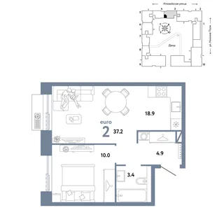 Планировка 2-комн. квартира, 37.2 м² ЖК «Страна.Заречная»