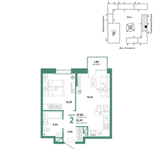 Планировка 2-комн. квартира, 37.8 м² ЖК «Юнион»