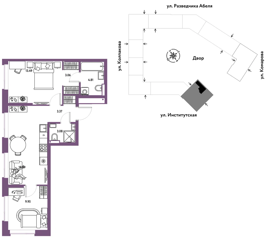 Планировка 3-комн. квартира, 55.85 м² ЖК «Страна.Парковая»