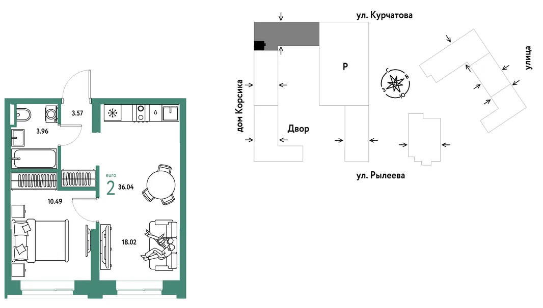 Планировка 2-комн. квартира, 36.04 м² ЖК «Остров-сад»