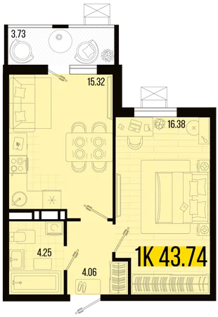 Планировка 1-комн. квартира, 41.88 м² ЖК «Цветной бульвар»