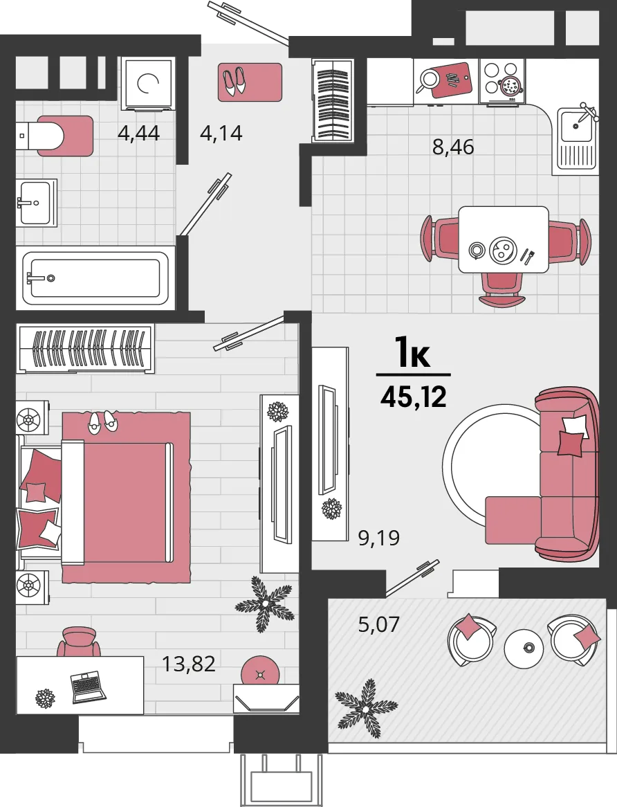 Планировка 2-комн. квартира, 45.12 м² ЖК «Родные просторы»