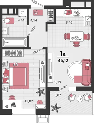 Планировка 2-комн. квартира, 45.12 м² ЖК «Родные просторы»