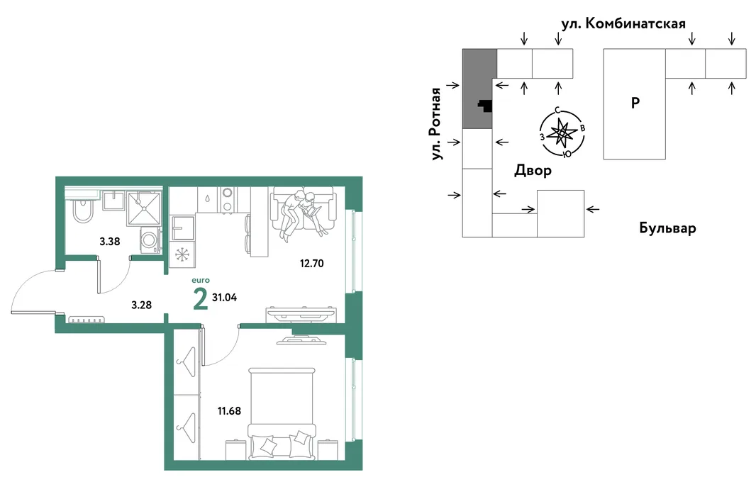Планировка 2-комн. квартира, 30.84 м² ЖК «Уральский сад»