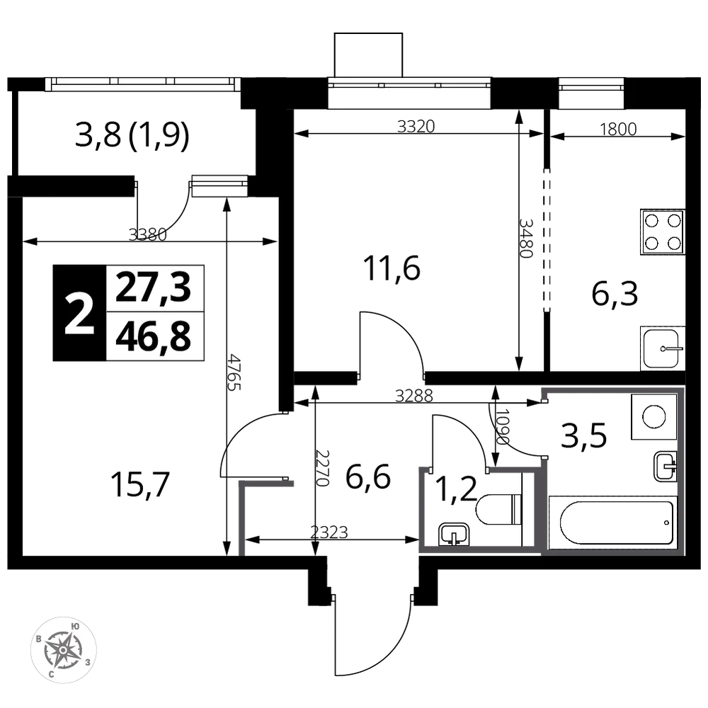 Планировка 2-комн. квартира, 46.9 м² ЖК «1-й Лермонтовский»