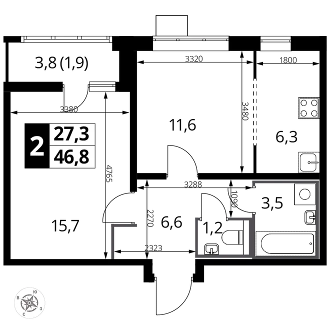 Планировка 2-комн. квартира, 46.9 м² ЖК «1-й Лермонтовский» Планировка 2-комн. квартира, 46.9 м² ЖК «1-й Лермонтовский»